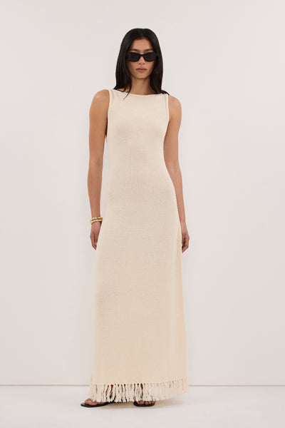 Zoey wearing BENETTE NATURAL FRINGE MAXI DRESS