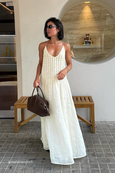 Zoe wearing TAHLIA STRAW RAMIE MAXI DRESS