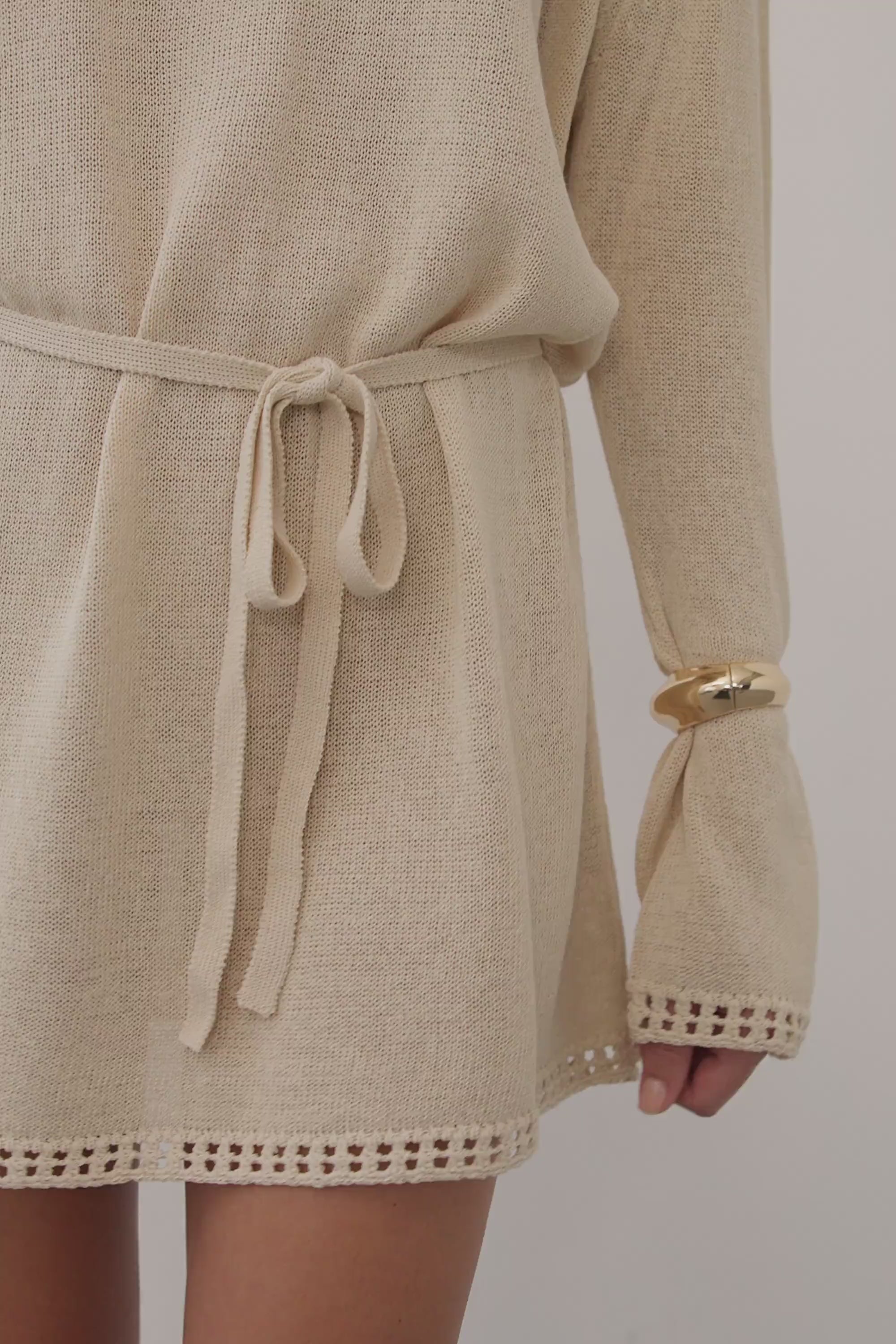 Tari Knit Long Sleeve Mini Dress in Natural By DISSH