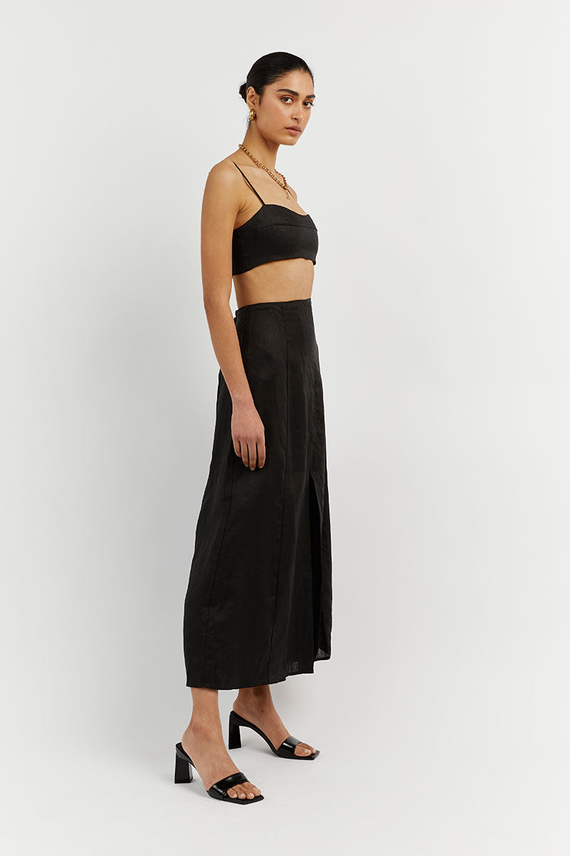 VIENNA BLACK LINEN CURVED CROP TOP | Dissh