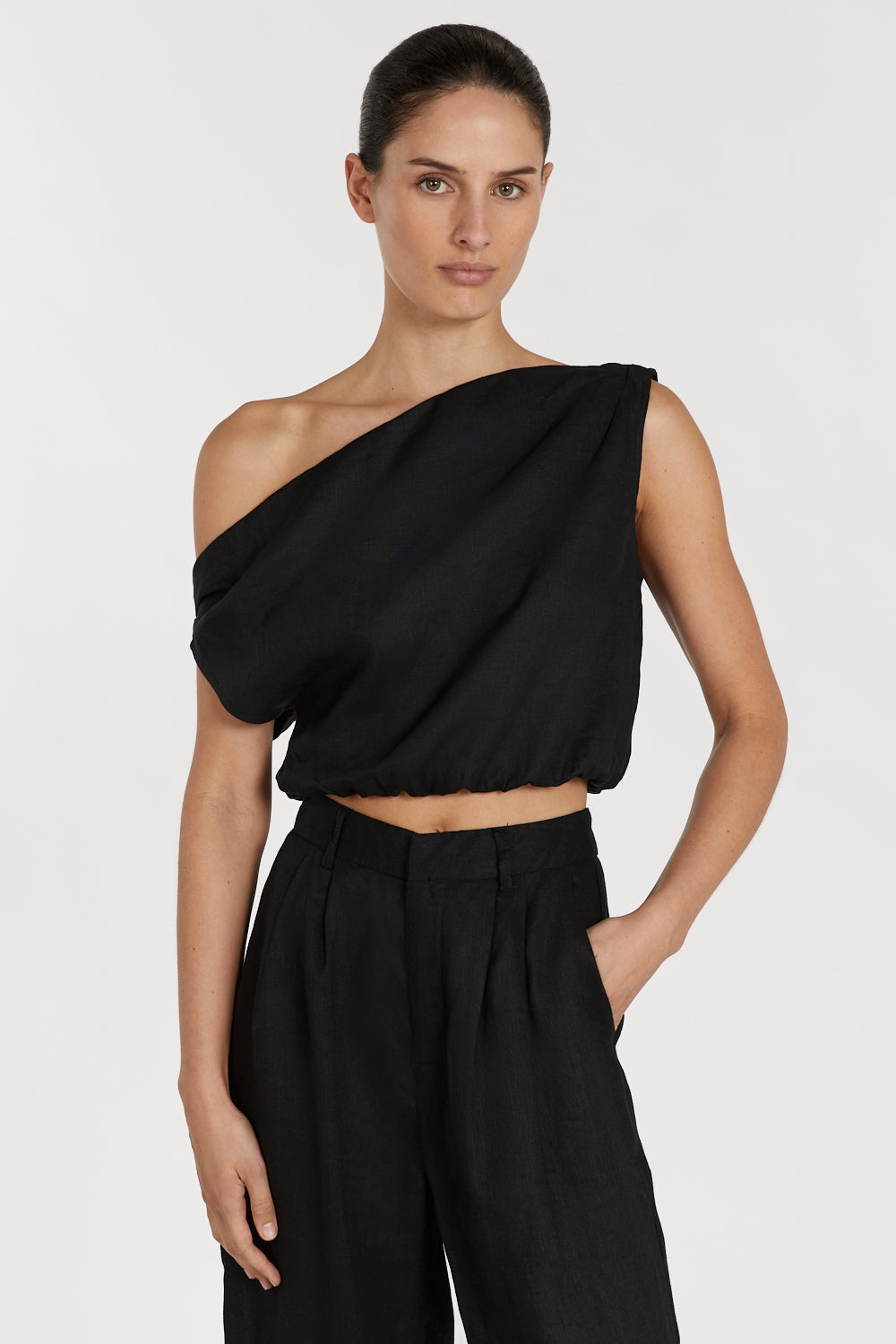 CASS BLACK LINEN CROP TOP