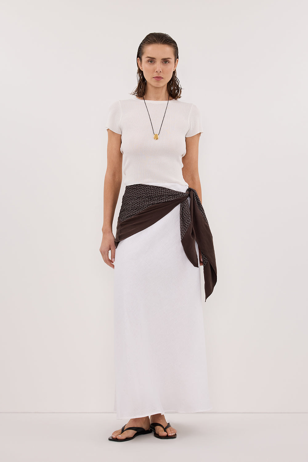 SYRAH WHITE LINEN MIDI SKIRT