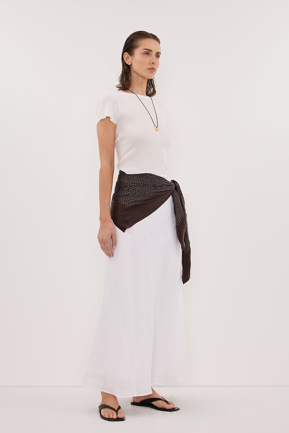 SYRAH WHITE LINEN MIDI SKIRT