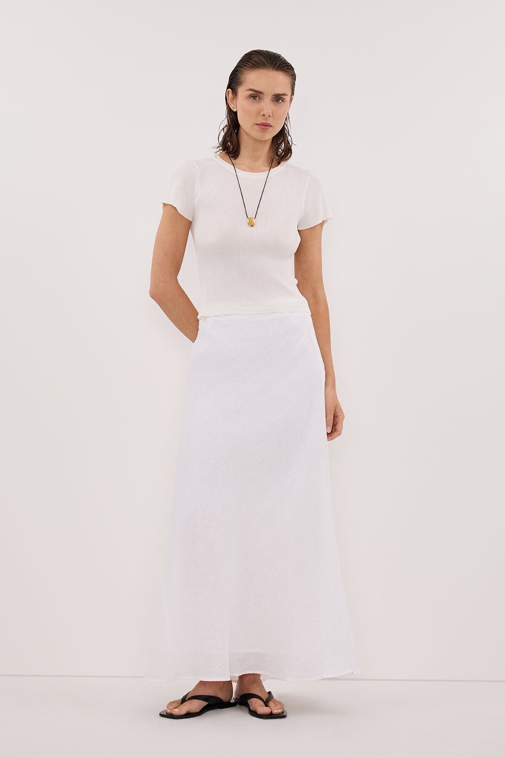 SYRAH WHITE LINEN MIDI SKIRT