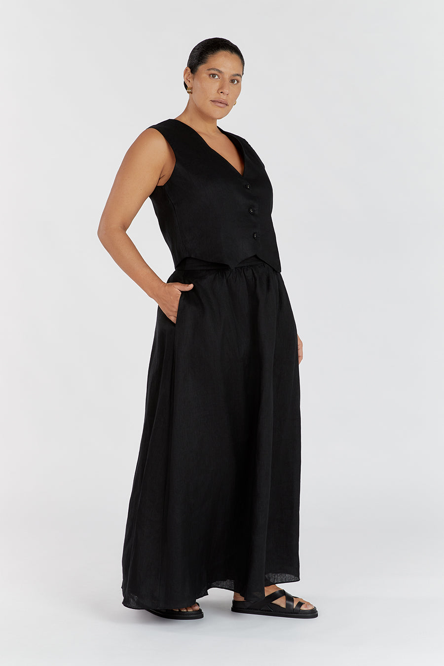 GEMIMA BLACK LINEN MIDI SKIRT | Dissh