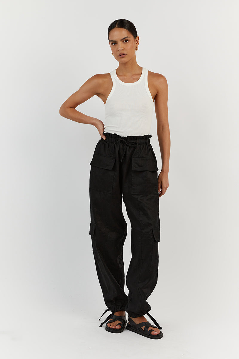 ISLA BLACK LINEN CARGO PANT | Dissh