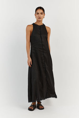 GEORGIE BLACK LINEN HIGH NECK DRESS | Dissh