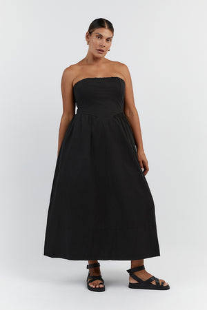 black strapless midi dress