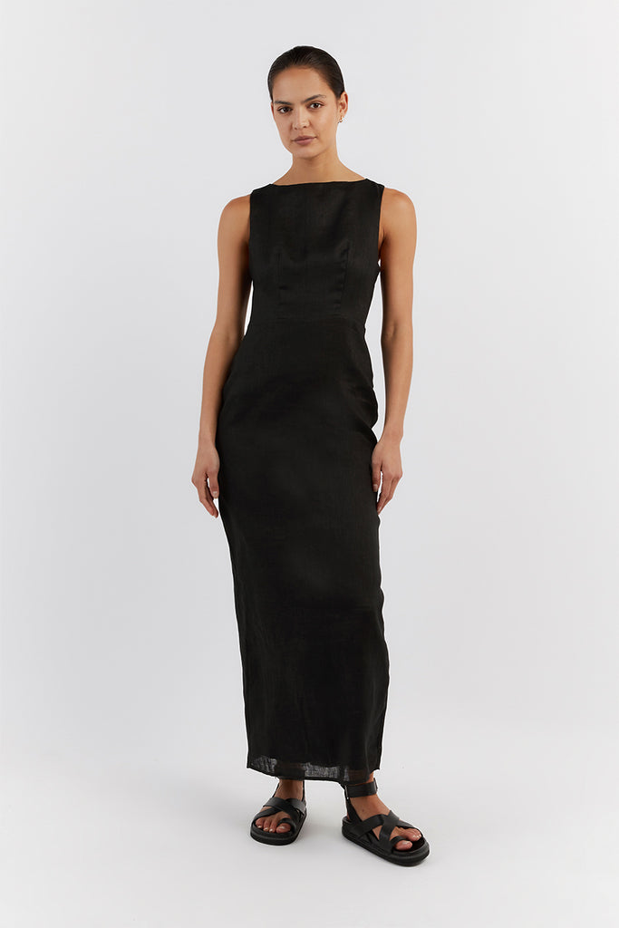 TYLA BLACK LINEN MIDI DRESS | Dissh