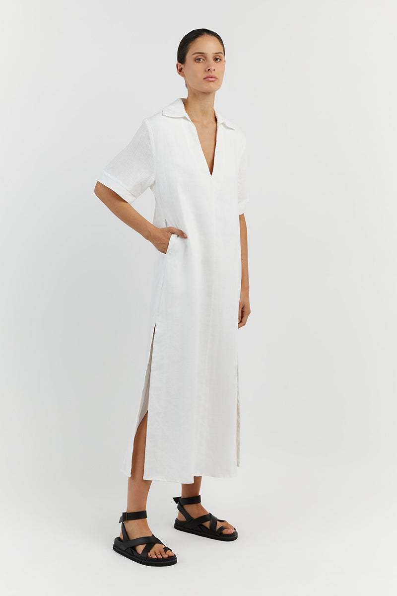 CANDICE WHITE LINEN MIDI DRESS Dissh