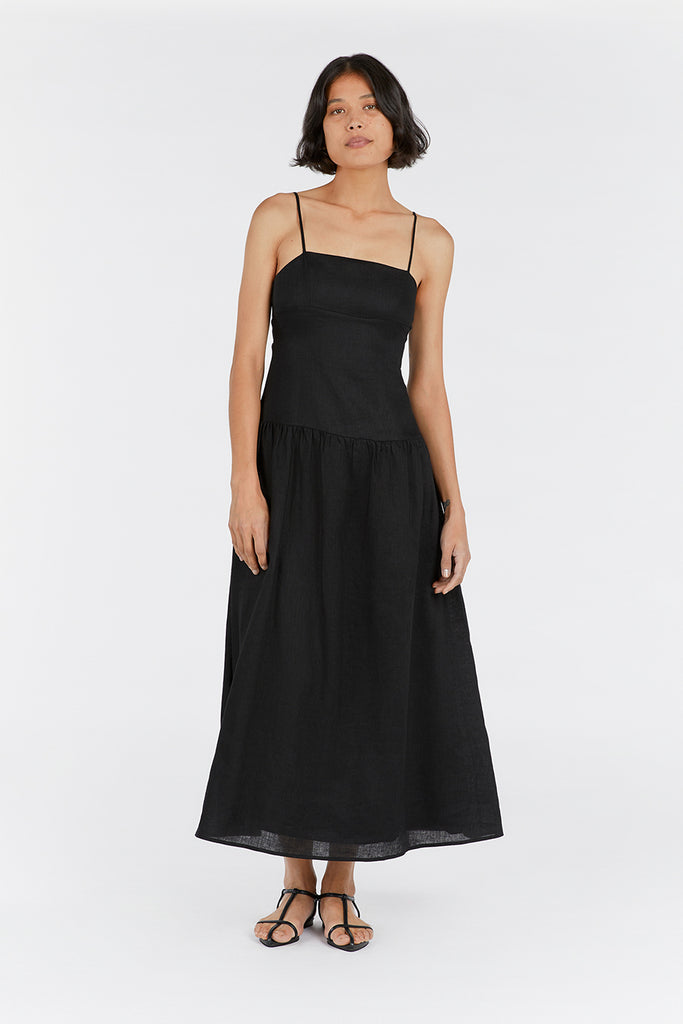 KAY BLACK LINEN MIDI DRESS Dissh
