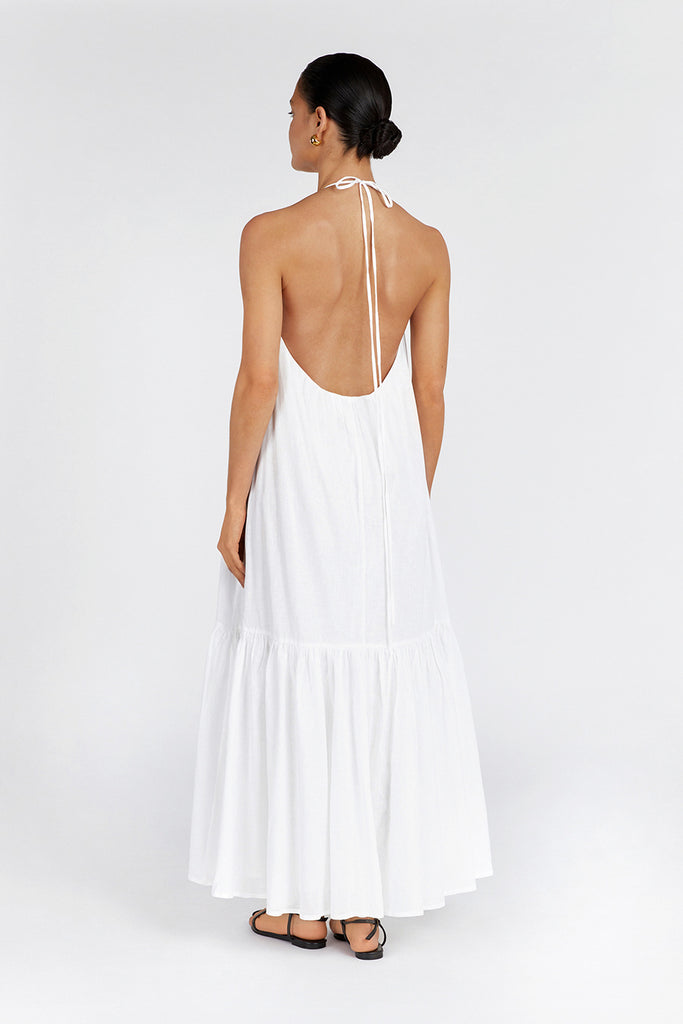 ARI WHITE LINEN HALTER MAXI DRESS | Dissh