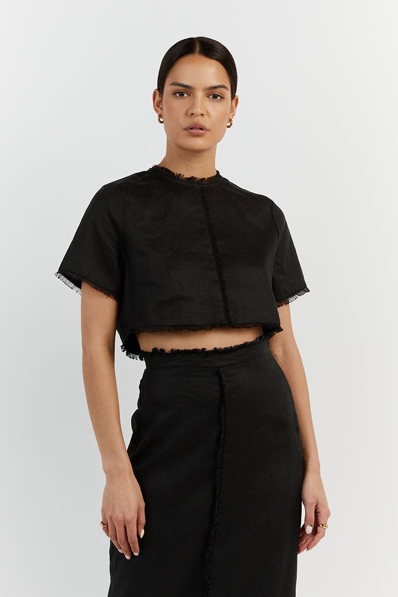 GEORGIE BLACK LINEN FRINGE CROP TOP | Dissh