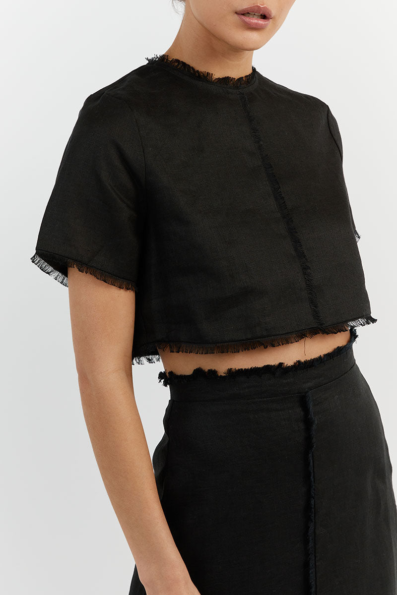 GEORGIE BLACK LINEN FRINGE CROP TOP | Dissh