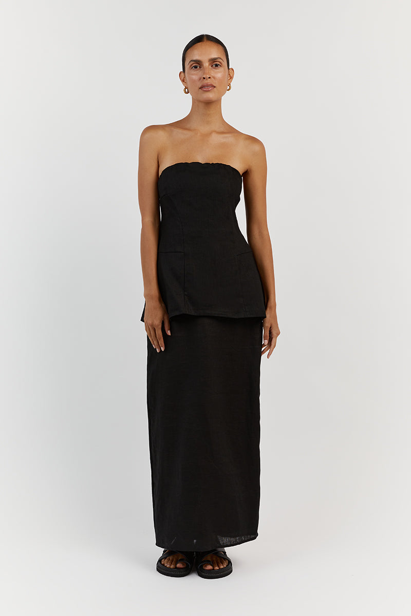 LARA BLACK LINEN STRAPLESS TOP