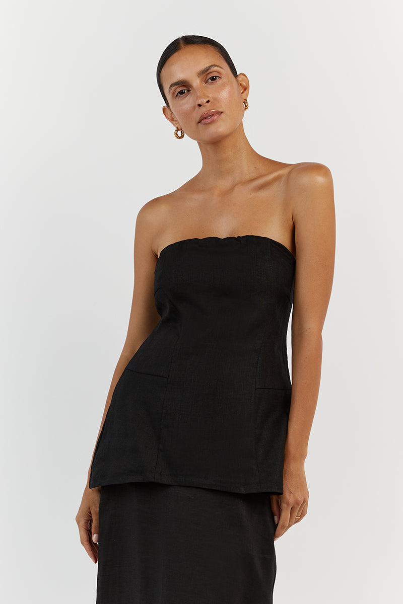 LARA BLACK LINEN STRAPLESS TOP