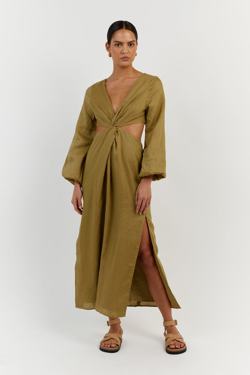 TINA OLIVE LINEN TWIST MIDI DRESS | Dissh