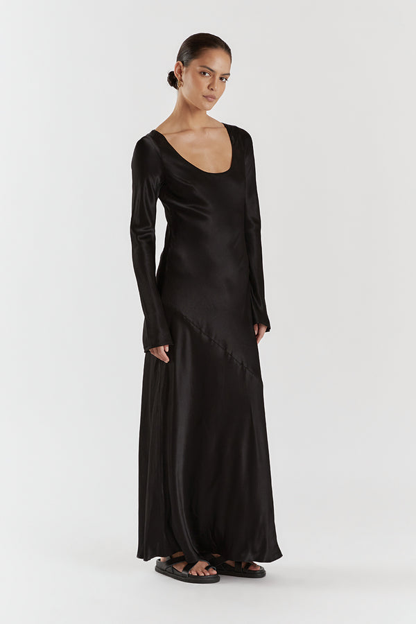 Black Satin Dress - Long Sleeve Midi Dress - Stretch Satin Dress