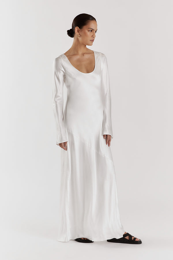 LEA WHITE SLEEVED SATIN MAXI DRESS