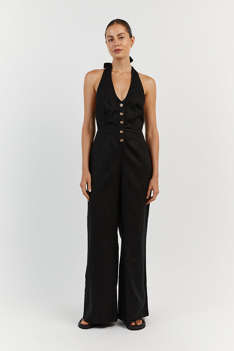 LOGAN BLACK LINEN JUMPSUIT | Dissh