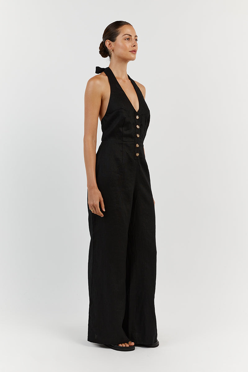 LOGAN BLACK LINEN JUMPSUIT | Dissh