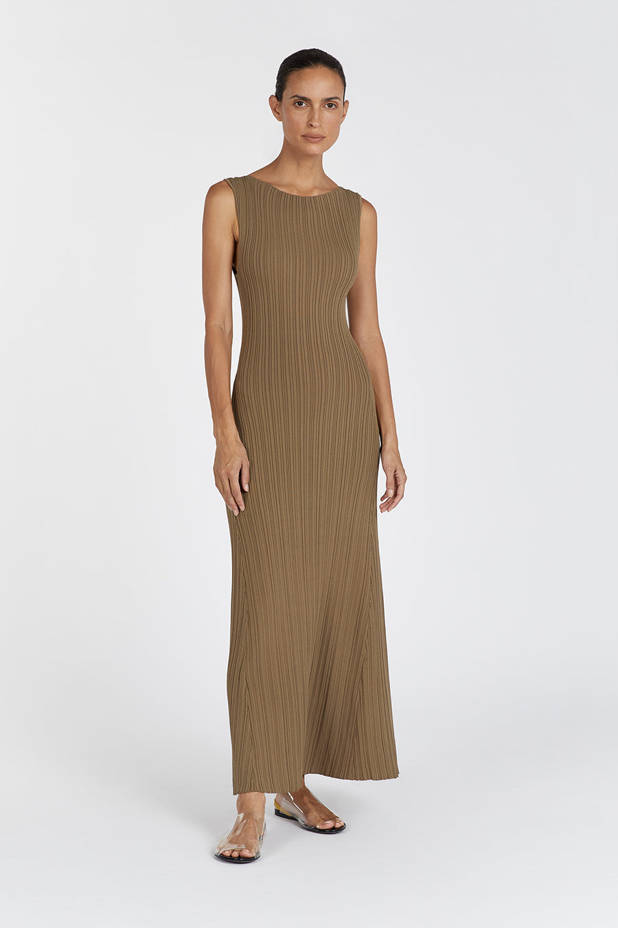 IVY KHAKI S/LESS MIDI DRESS